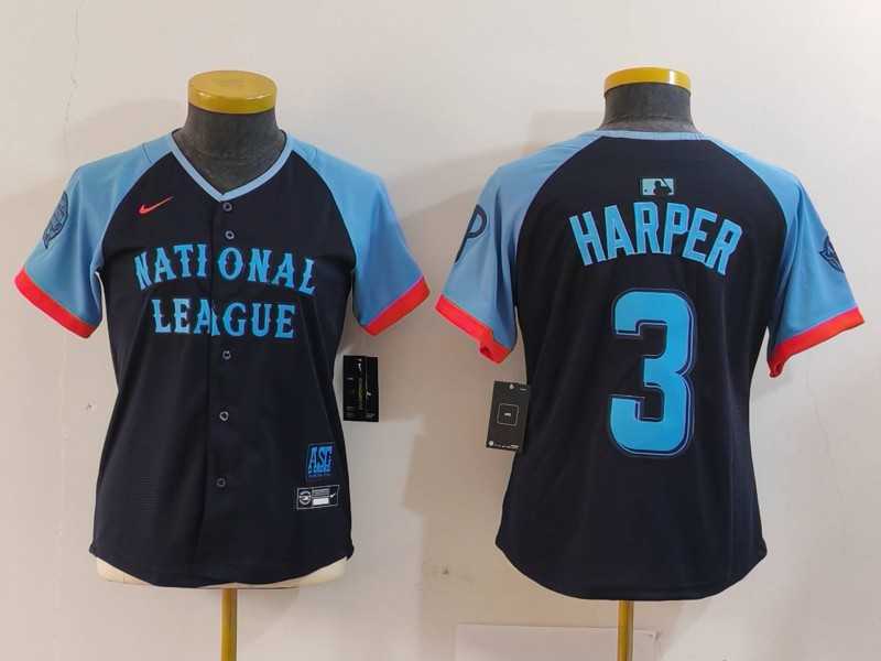 Womens Philadelphia Phillies #3 Bryce Harper Number Navy 2024 All Star Limited Stitched Jersey